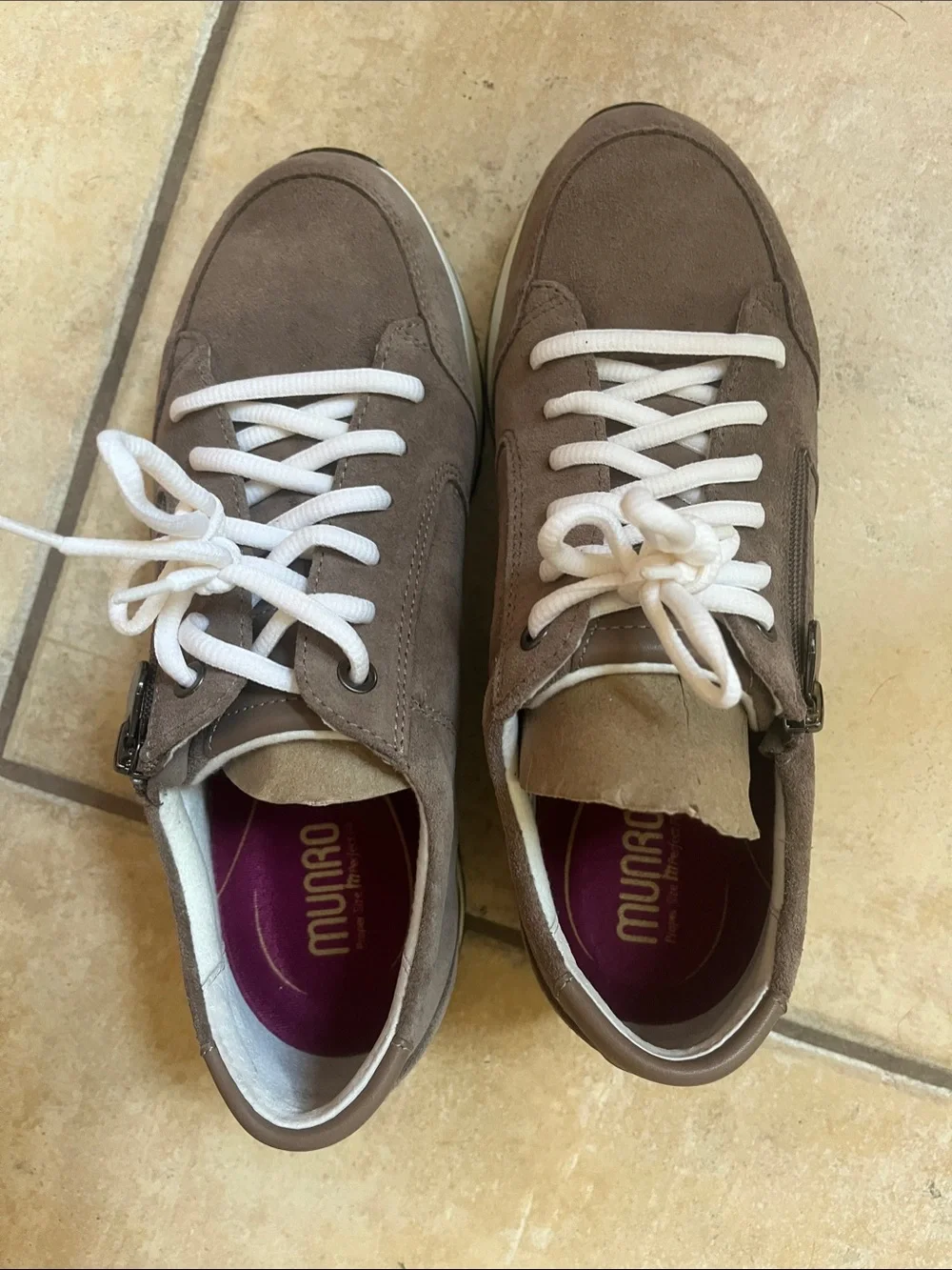 Munro Woman’s Suede Sneakers in Taupe with White Laces